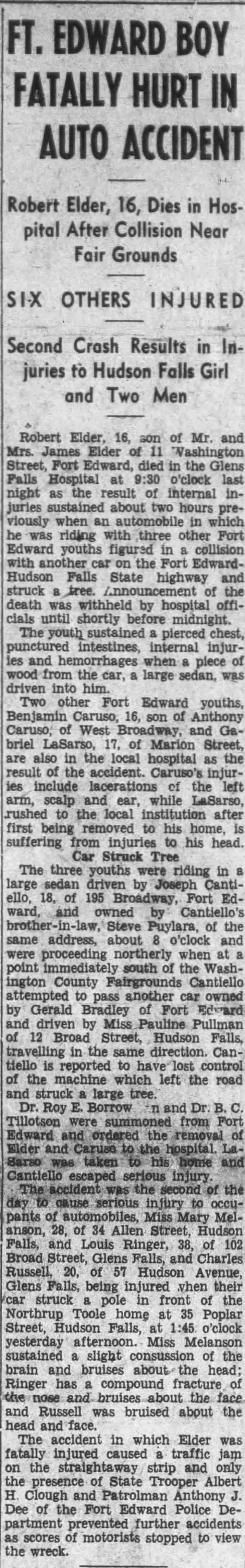 Ft Edward Boy Fatally Hurt in Auto Accident